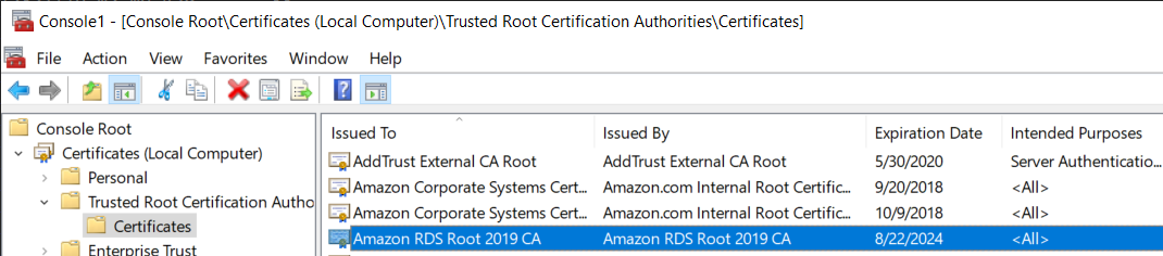In the MMC console, in the navigation pane, the Certificates folder is selected drilled down from Console Root, Certificates (Local Computer), and Trusted Root Certification Authority. In the main page, select the required CA certificate.