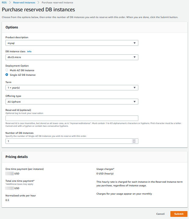Purchase reserved DB instance console