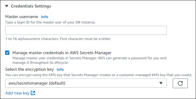 Manage master credentials in AWS Secrets Manager selected