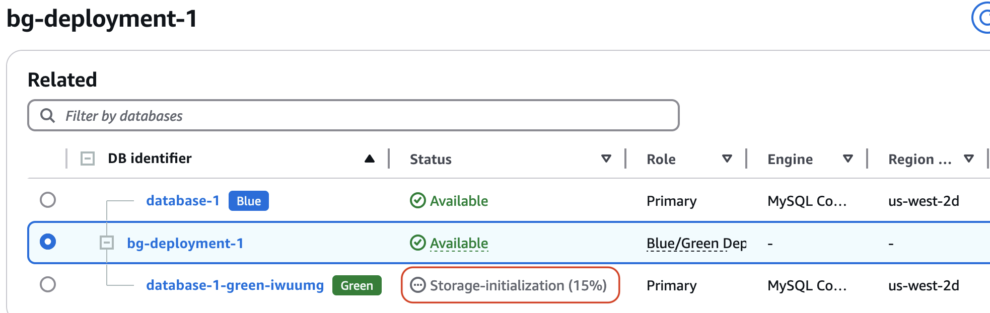 Storage initialization progress indicator for a blue/green deployment