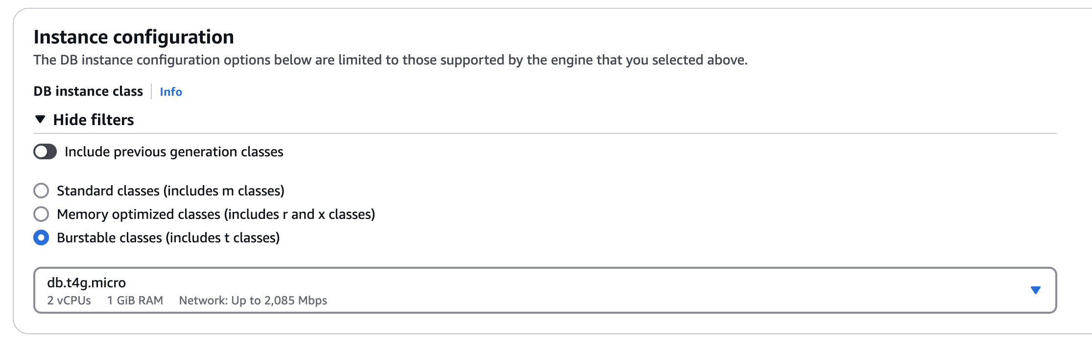 Instance configuration section showing DB instance class filters and db.t4g.micro selection.