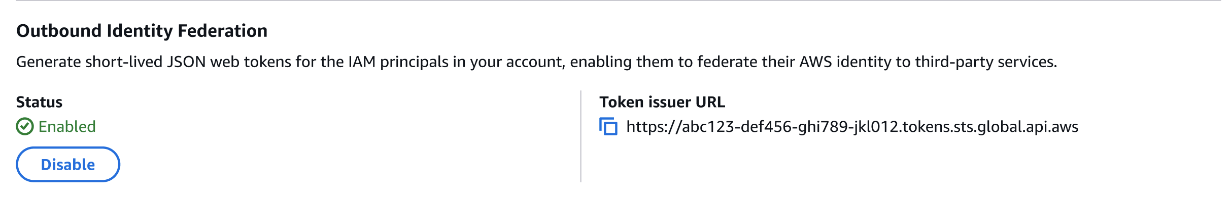 Outbound Identity Federation interface showing Enabled status with Disable button and token issuer URL.