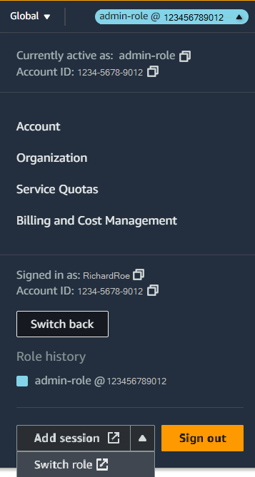 Graphic locating the Switch back function to stop using an IAM role and return to the original user.