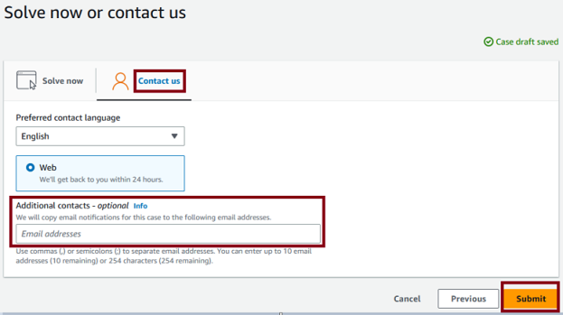 Enter contacts in the highlighted Additional contacts - optional section.