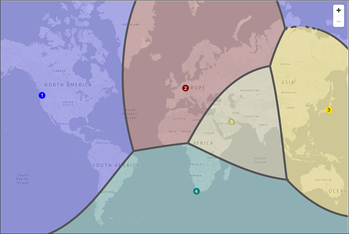 A map of the world that shows how traffic is routed when you add a bias of +25 in the US East (Northern Virginia) Region.