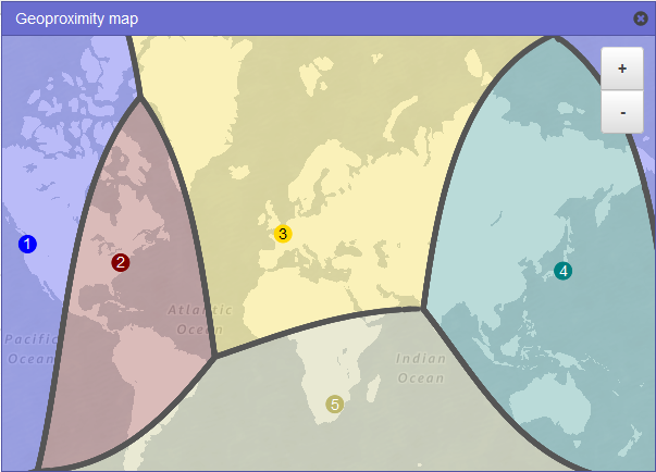 A map of the world that shows how traffic is routed when you have geoproximity records for resources in the AWS Regions in US West (Oregon), US East (N. Virginia), Europe (Paris), and Asia Pacific (Tokyo), and you have a record for a non-AWS resource in Johannesburg, South Africa.