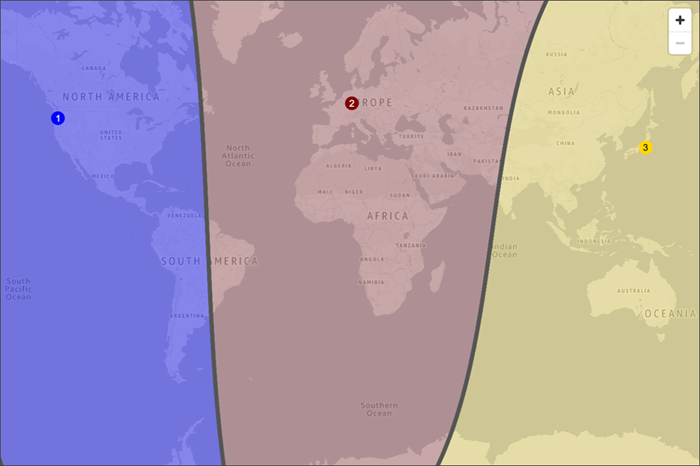 Map of the world that shows three regions approximately divided into North and South America; Europe, Africa, and western Asia; and the rest of Asia and Australia.