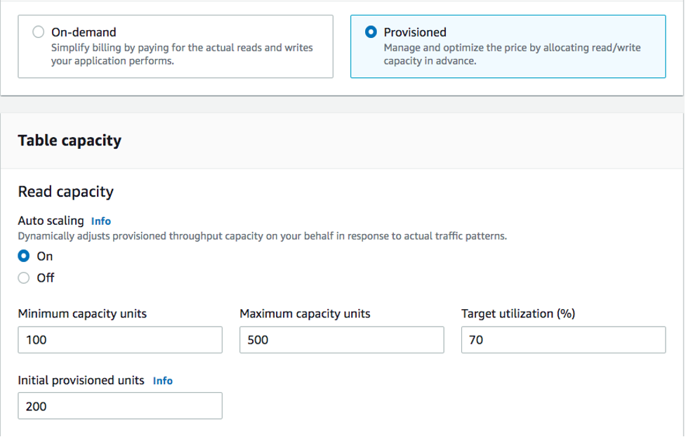 DynamoDB console. Provisioned capacity and auto scaling are enabled. Target utilization is set to 70.