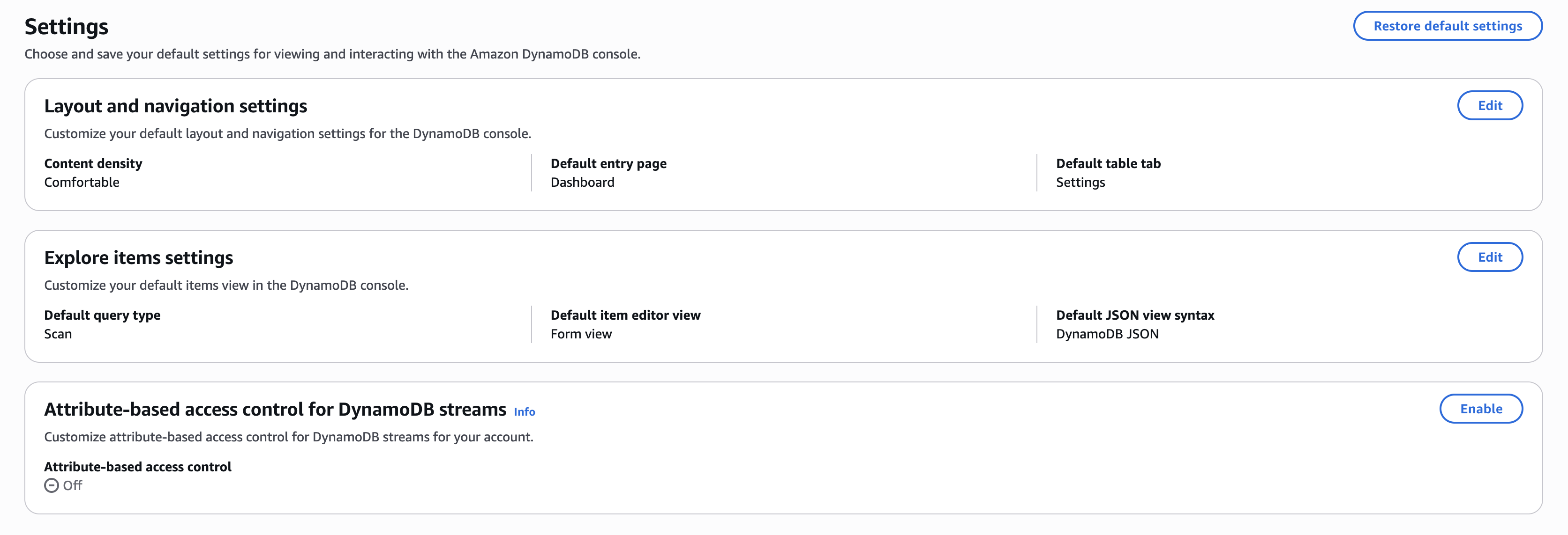The DynamoDB console Settings page showing the Attribute-based access control for Streams card with a status of Off, indicating that Streams ABAC is not enabled for the account.
