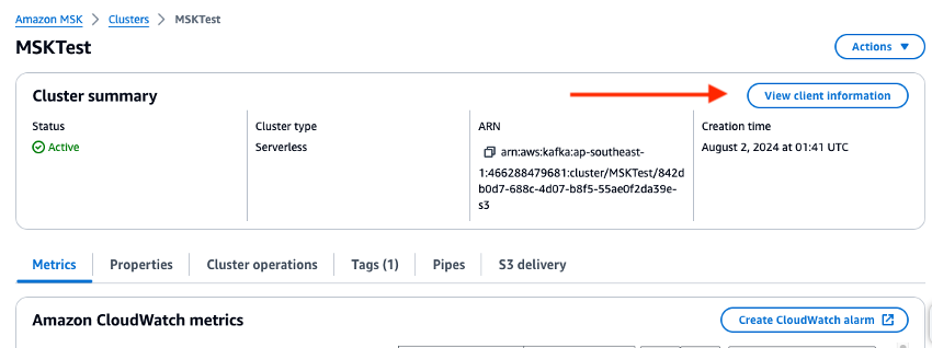 Amazon MSKcluster summary showing active status, serverless type, and creation details.
