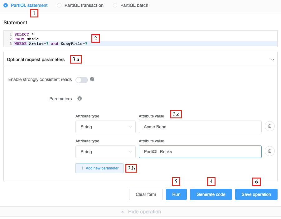NoSQL workbench interface. It shows a PartiQL SELECT statement that you can run on the Music table.