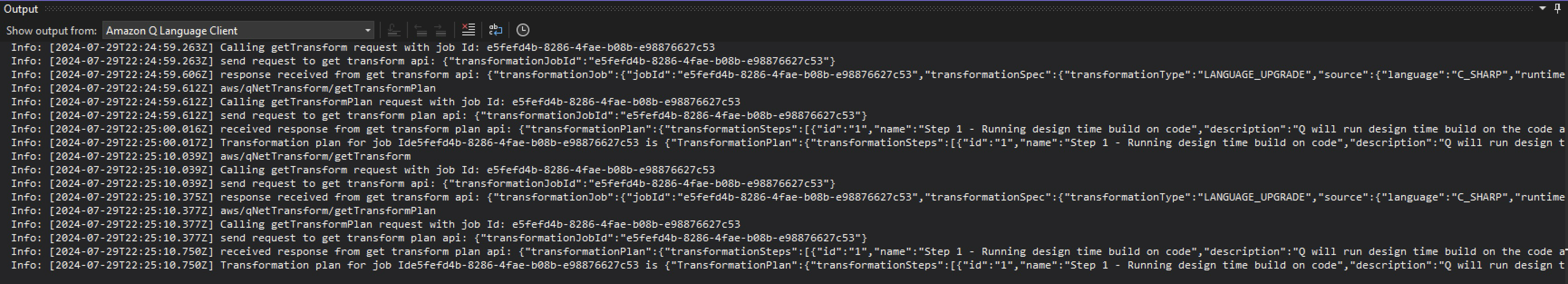 Screenshot of the Amazon Q Developer Code Transformation Hub, showing the output from the Amazon Q Language Client.