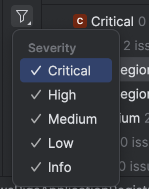 The severity filter menu in IntelliJ IDEA.