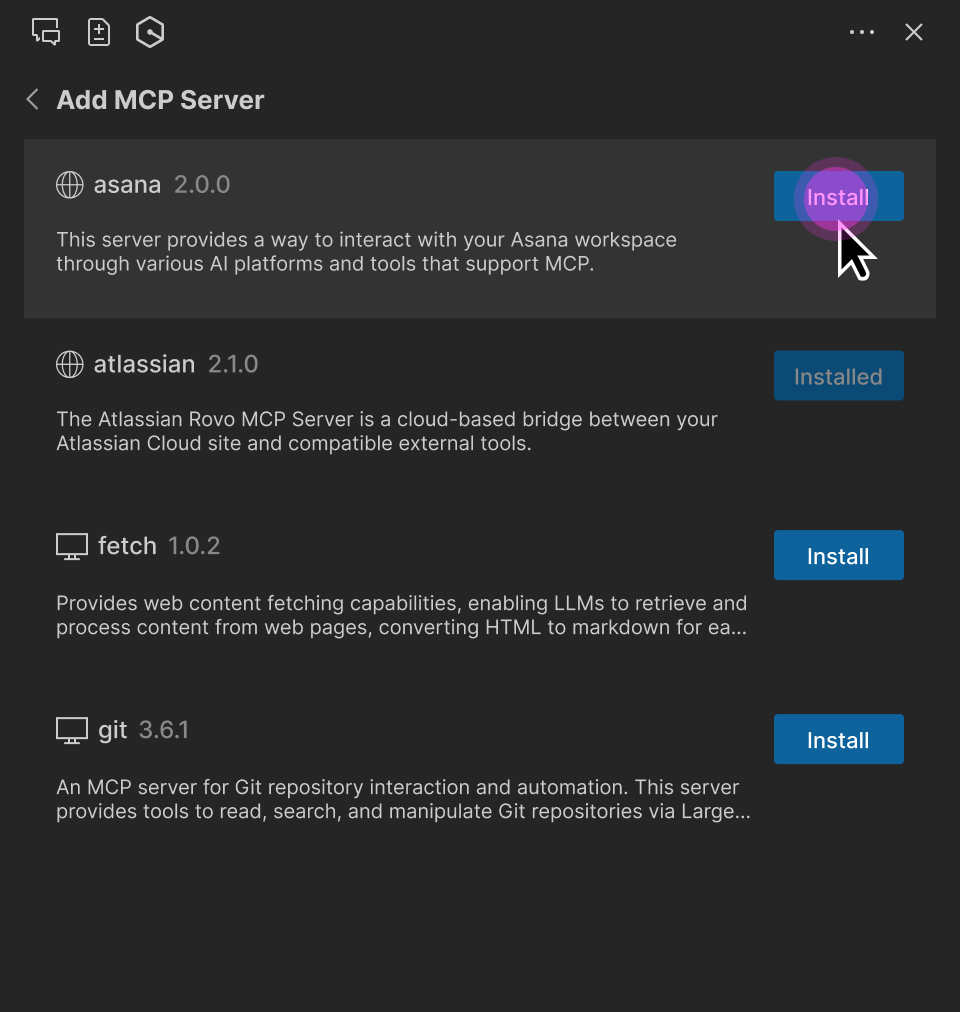 Screenshot showing the addition of MCP servers defined in the registry.