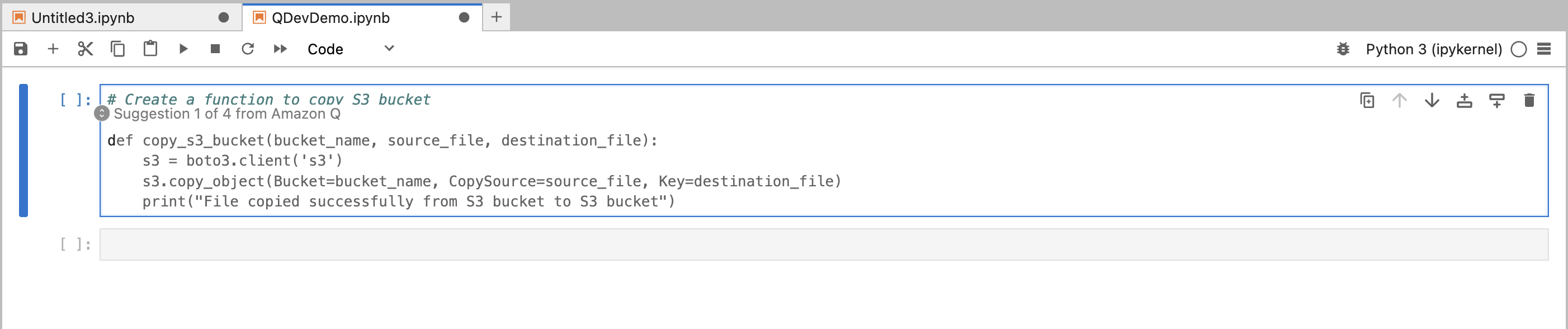 An example of Amazon Q in use with JupyterLab.