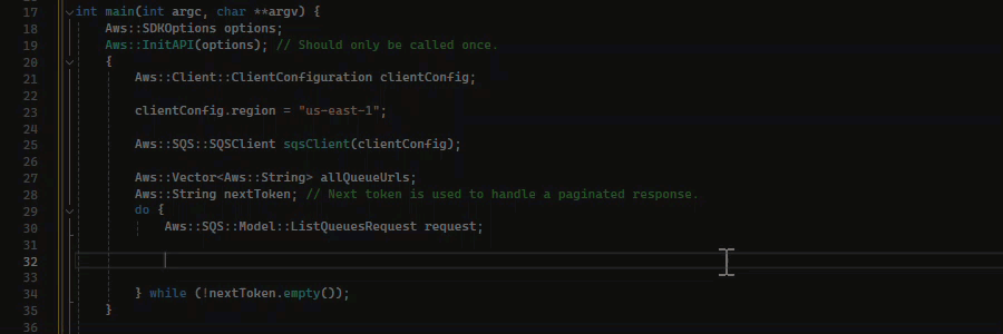 An example of the single-line completion feature using C++.
