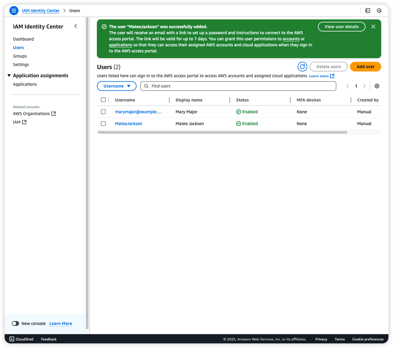 The IAM Identity Center page showing two users.