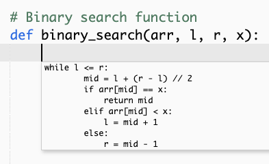 A screenshot that shows a Amazon Q recommendation for a complete implementation of the binary search algorithm.