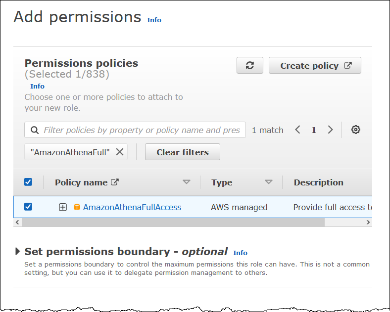 Attaching the Athena full access policy to the role.