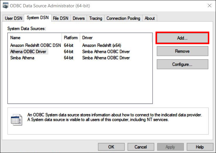 Choose Add to add an ODBC data source.
