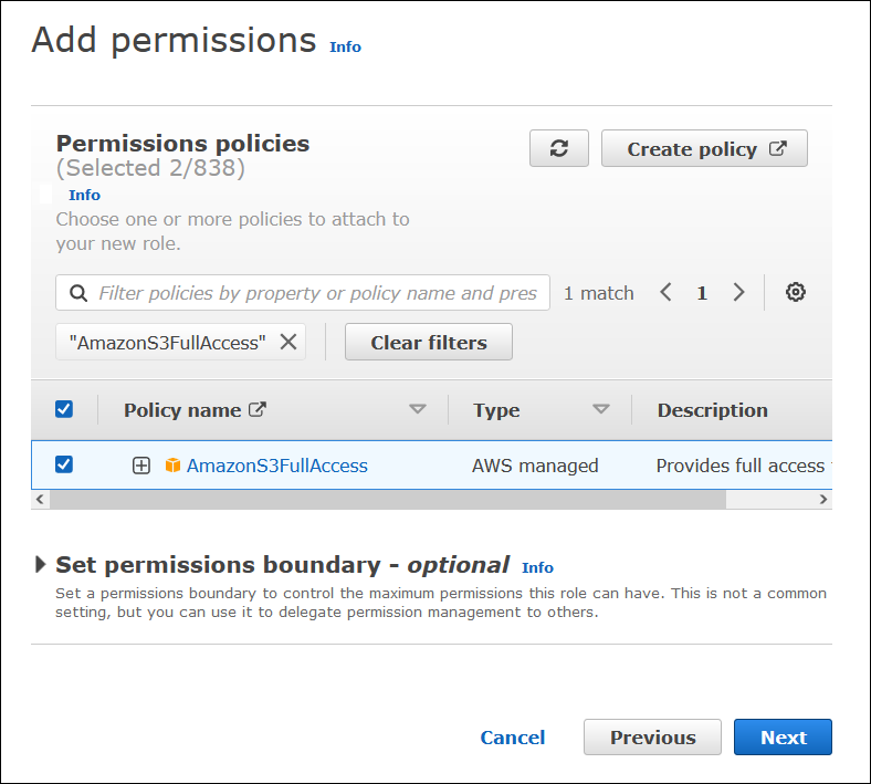 Attaching the Amazon S3 full access policy to the role.