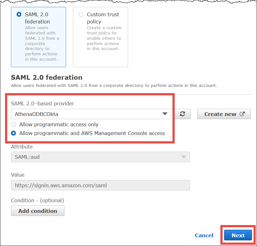 Choose options on the Create role page.