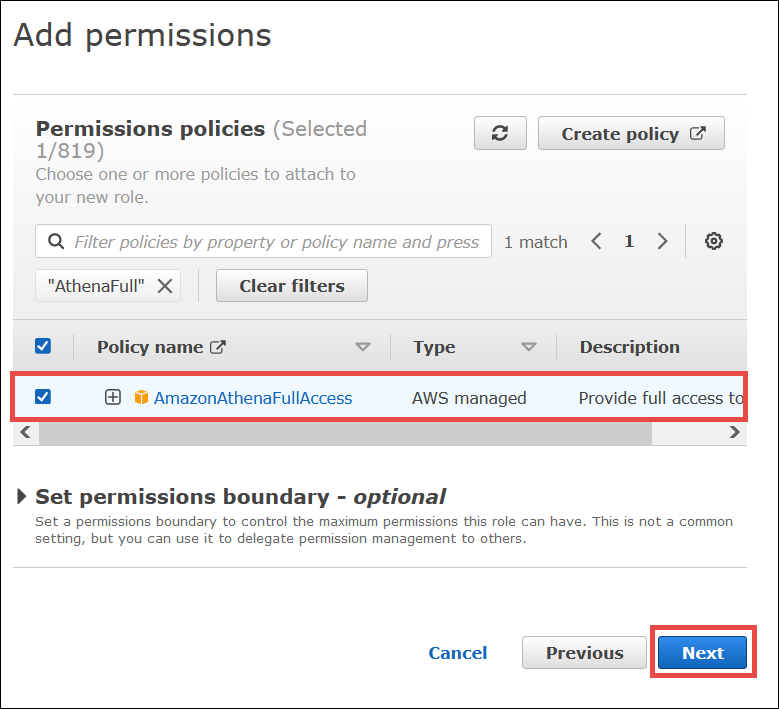 Choose the AmazonAthenaFullAccess managed policy.