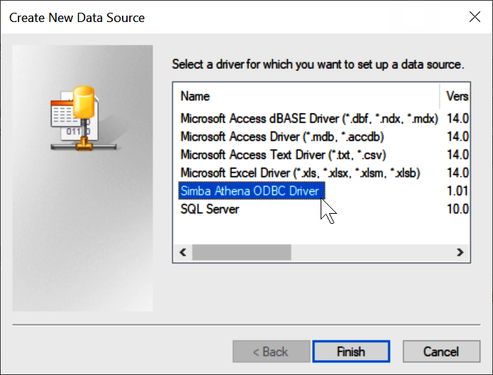 Choose the Athena ODBC driver.
