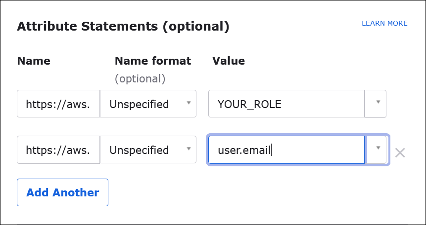 Enter SAML attributes for Athena.