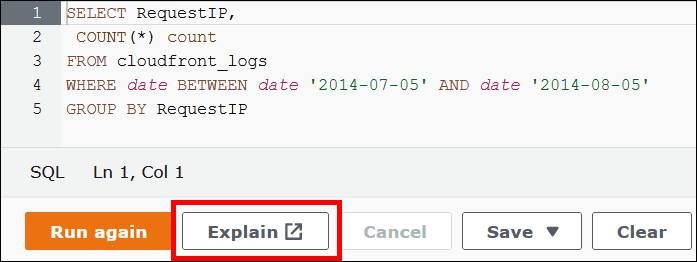 Choose Explain in the Athena query editor.