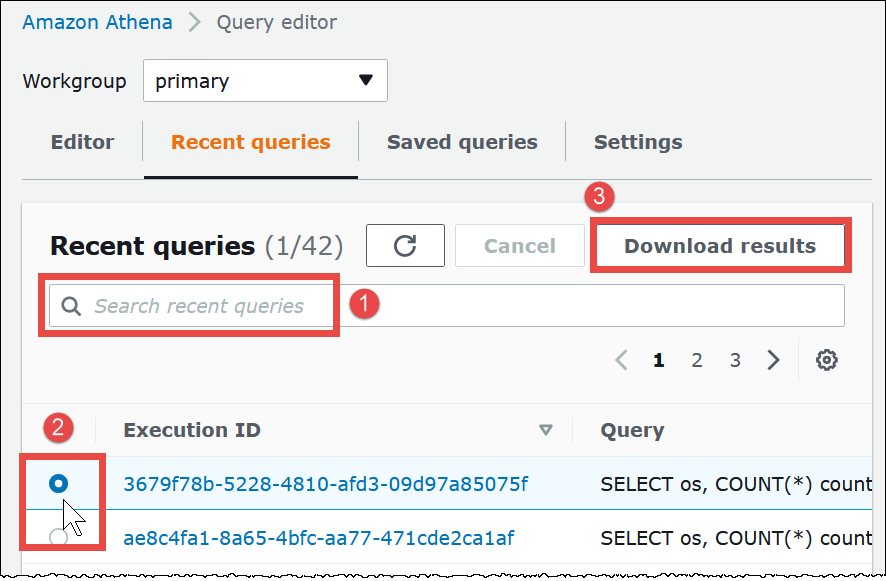 Choose Recent queries to find and download previous query results.