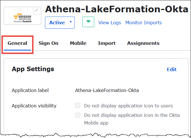 Choose the General tab of the Okta application.