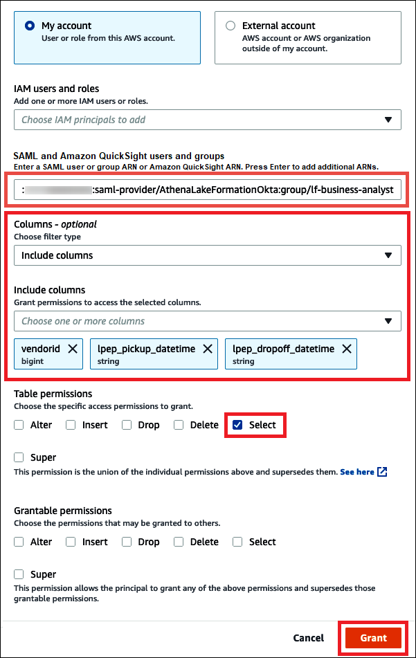 Granting table permissions to an Okta group.