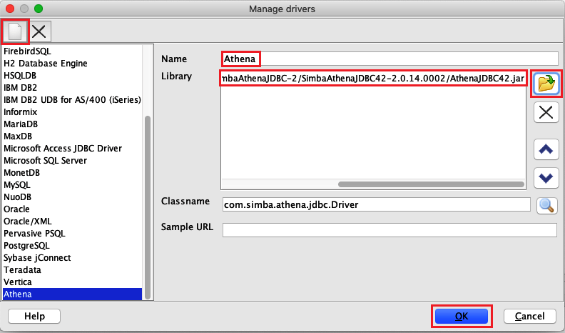 Adding the Athena JDBC driver to SQL Workbench.