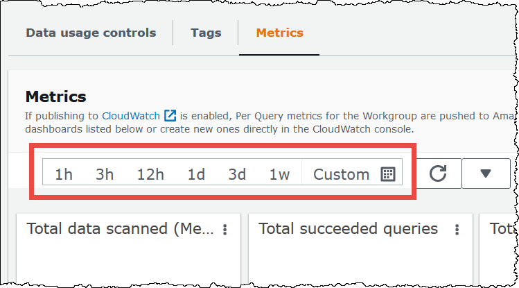 Specifying the metrics retrieval interval for a workgroup in the Athena console.