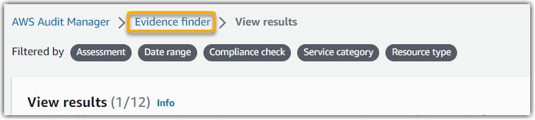The breadcrumb navigation menu on the console with evidence finder highlighted.