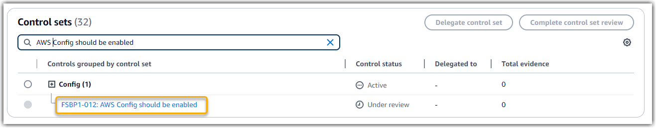 Screenshot that shows the Security Hub CSPM control in an assessment.