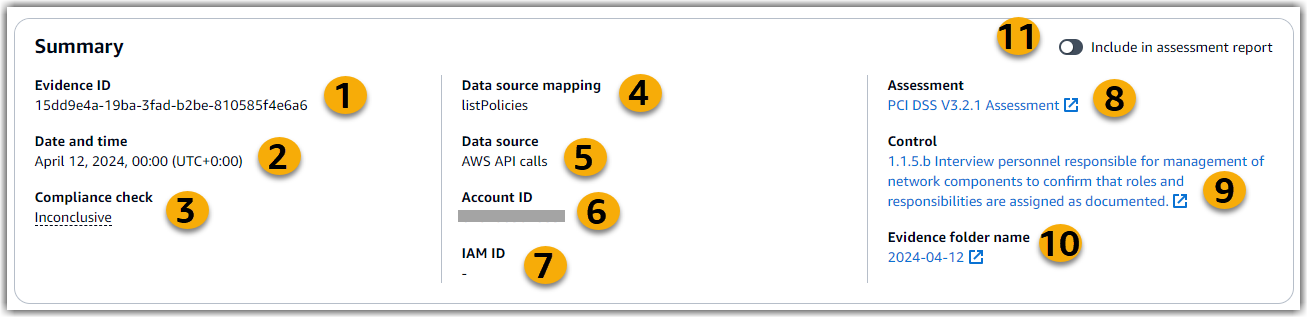 Screenshot of the evidence details with labels that relate to the following definitions.