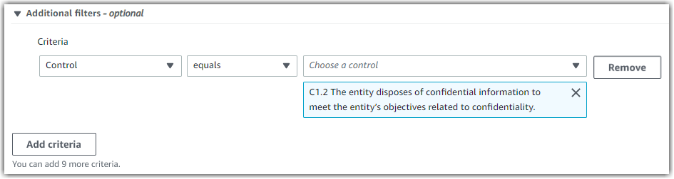 An additional filter for a specific control in evidence finder.