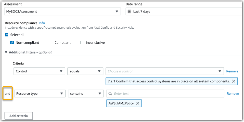 A selection of applied filters, with the AND operator highlighted.