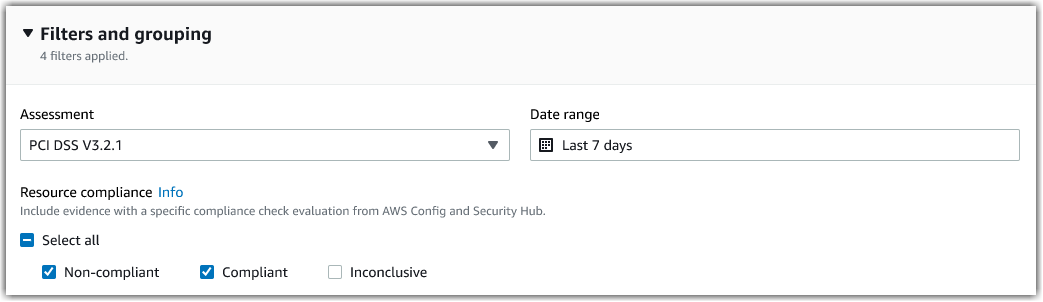 The required assessment, date range, and resource compliance filters in evidence finder.