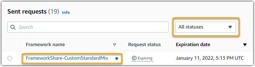 Screenshot of a received share request with a blue dot next to the framework name.