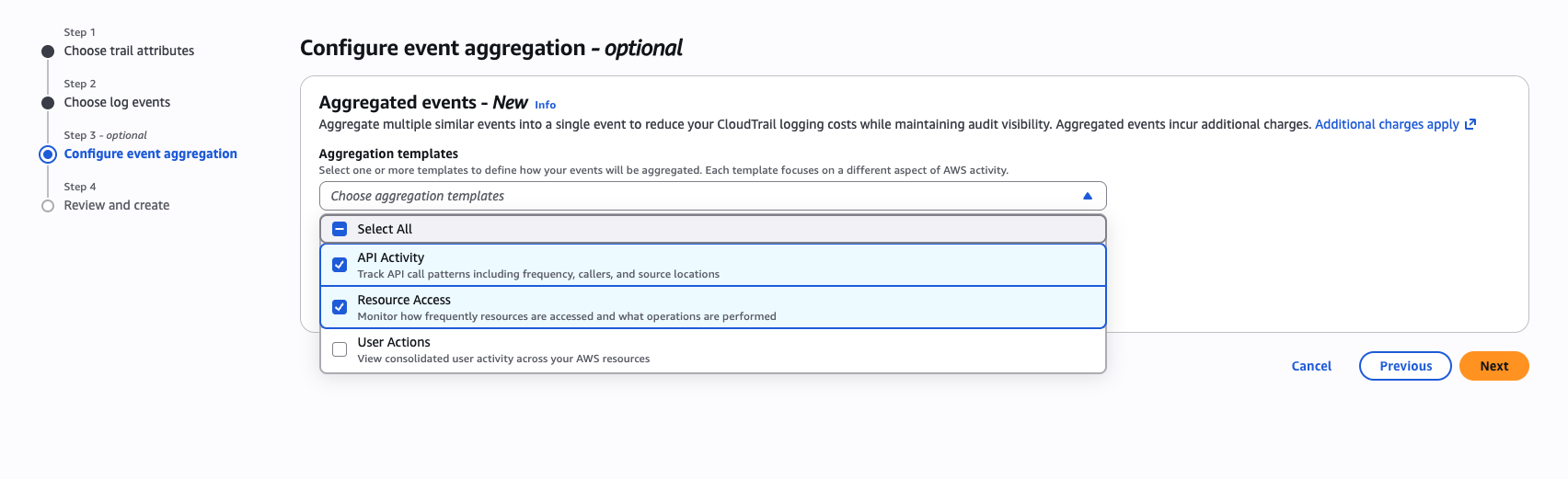 Screenshot of the CloudTrail console showing the Aggregation templates dropdown with API Activity and Resource Access options selected