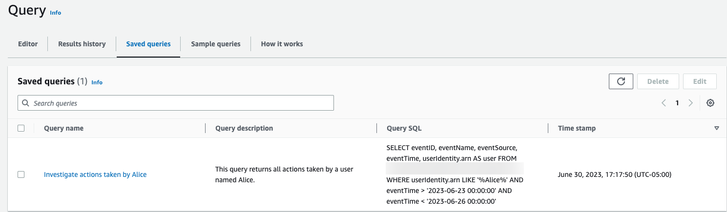 Saved queries tab showing the new saved query
