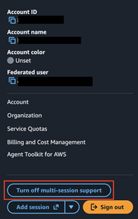 Account menu in the AWS Management Console showing the Turn off multi-session support option.