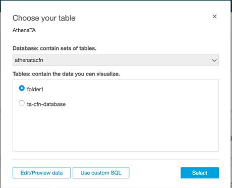 Screenshot of choosing your Athena table in the Quick Suite console.