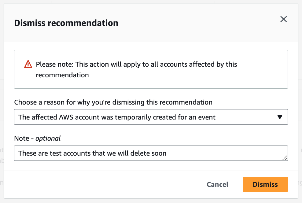 Dialog box with dropdown lists to dismiss a recommendation in Trusted Advisor Priority.