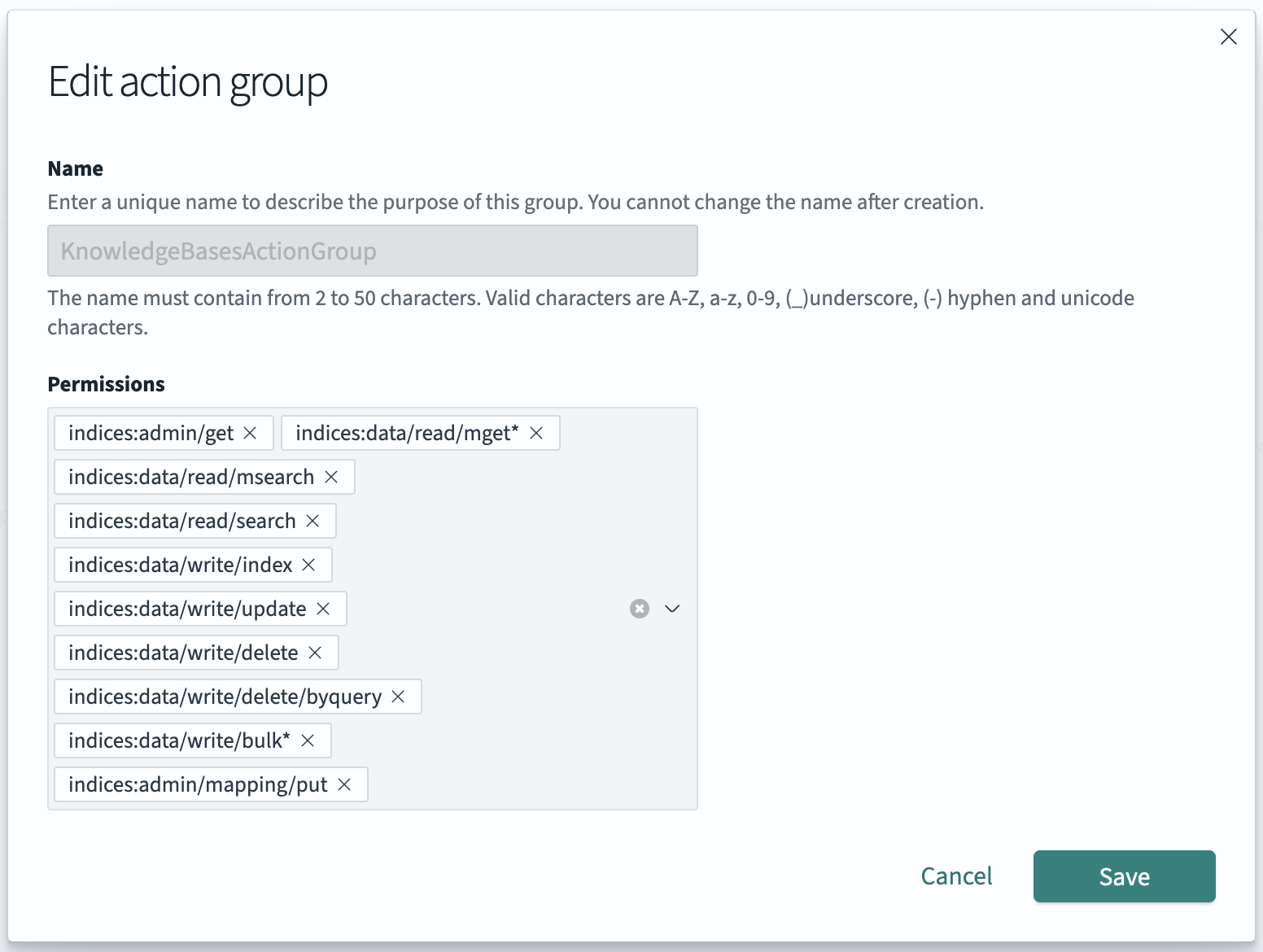 The action groups to create in OpenSearch Dashboards for adding cluster and index permissions.
