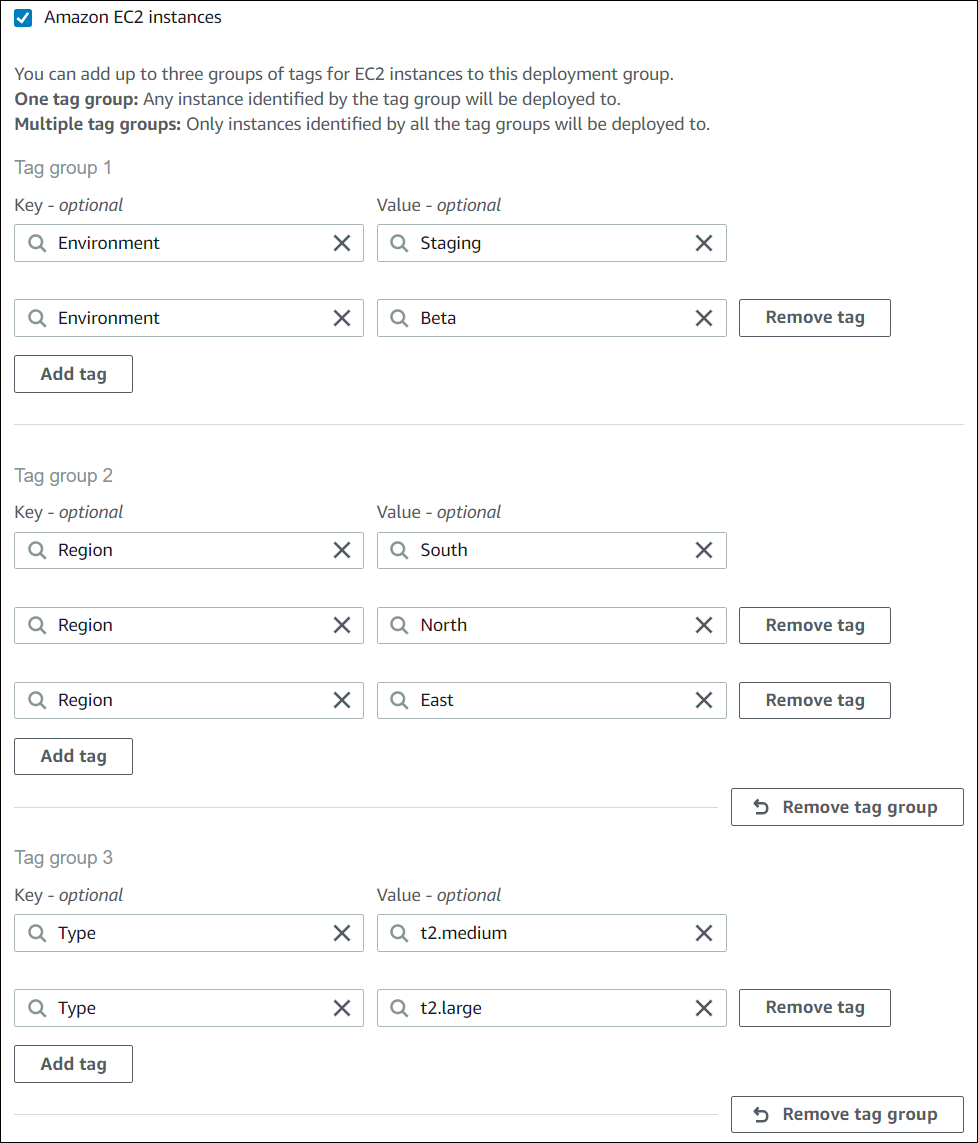 The CodeDeploy console showing three tag groups with multiple tags in each.