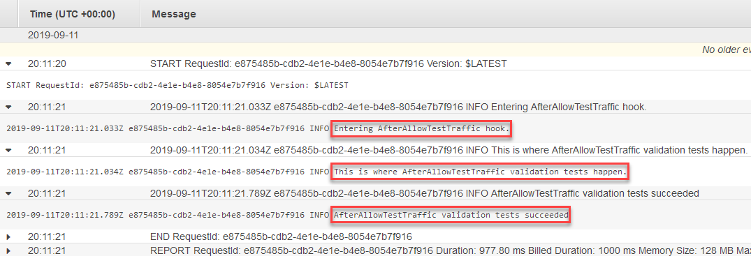 The log stream events showing the AfterAllowTraffic hook.